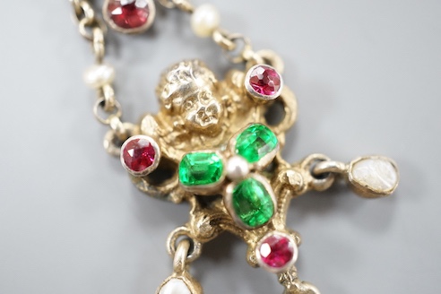 A 19th century Austro-Hungarian gilt white metal, paste and seed pearl set drop pendant, 43mm.